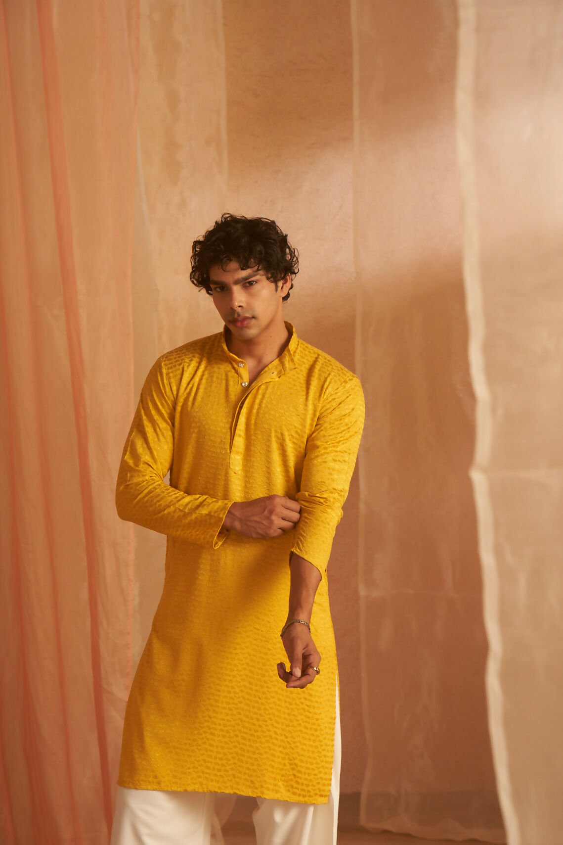 Mustard Viscose Chikankari Embroidery Work Men's Kurta Set - Mahotsav | Swadesiicart