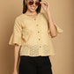 Indian Needle Women's Embroidered Cotton V-Neck Top - Beige | Swadesiicart