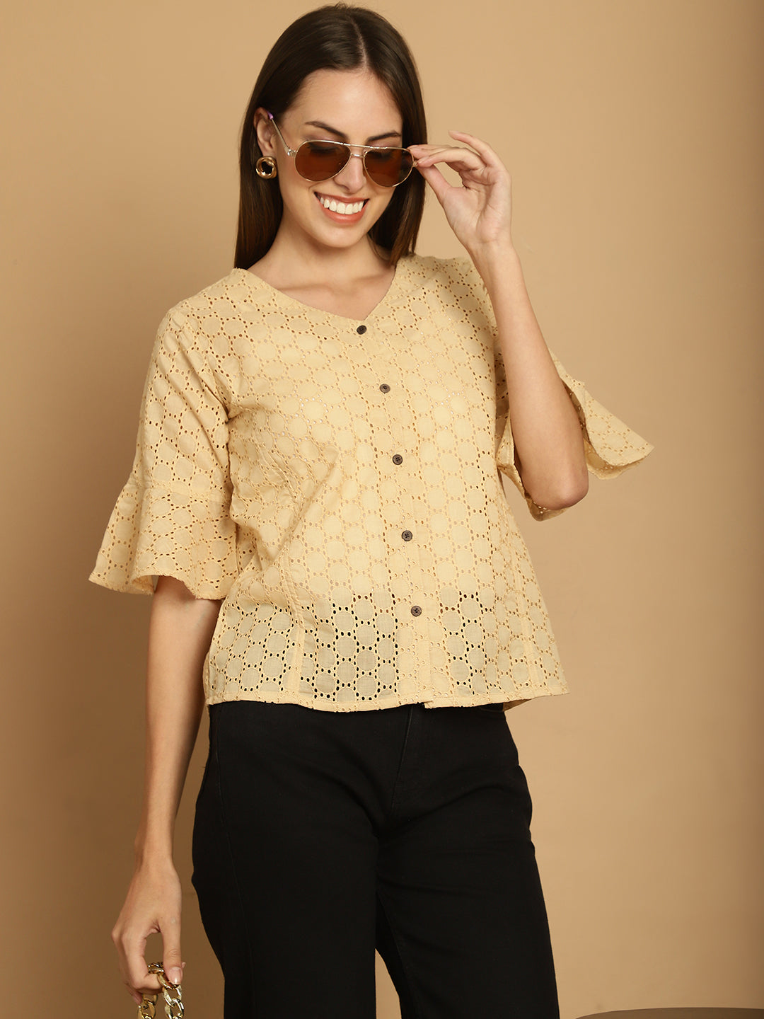 Indian Needle Women's Embroidered Cotton V-Neck Top - Beige | Swadesiicart