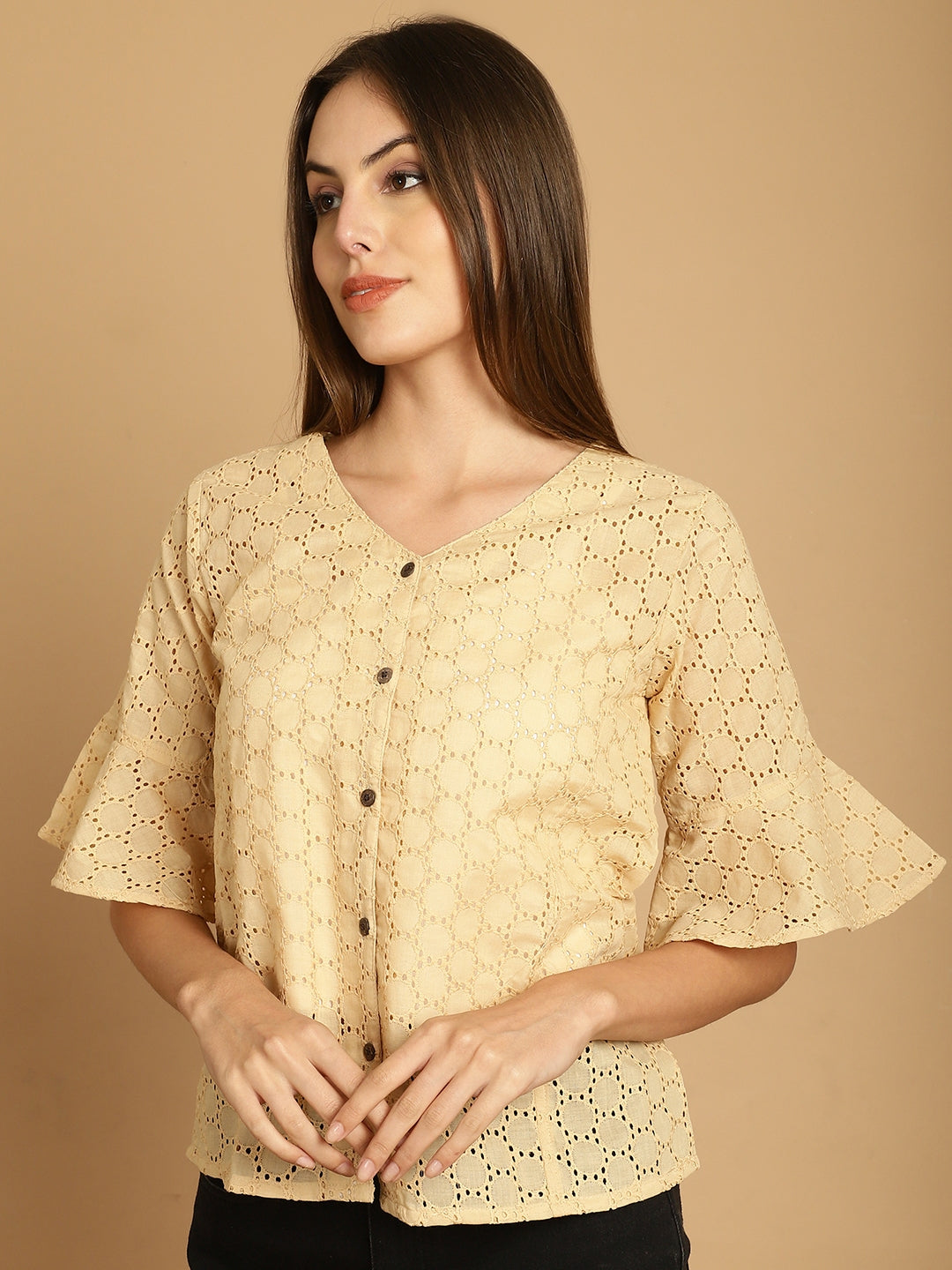 Indian Needle Women's Embroidered Cotton V-Neck Top - Beige | Swadesiicart