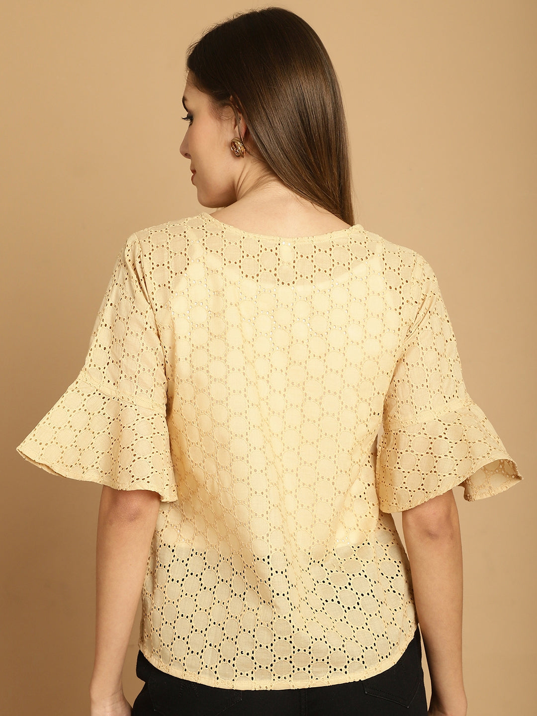 Indian Needle Women's Embroidered Cotton V-Neck Top - Beige | Swadesiicart