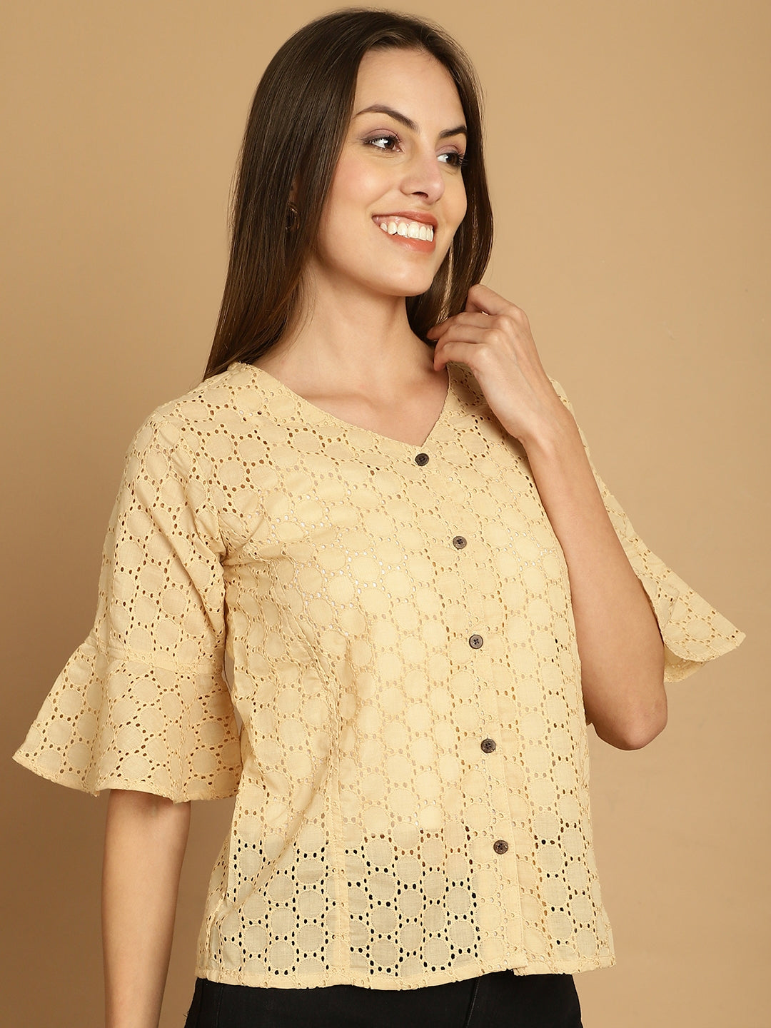 Indian Needle Women's Embroidered Cotton V-Neck Top - Beige | Swadesiicart