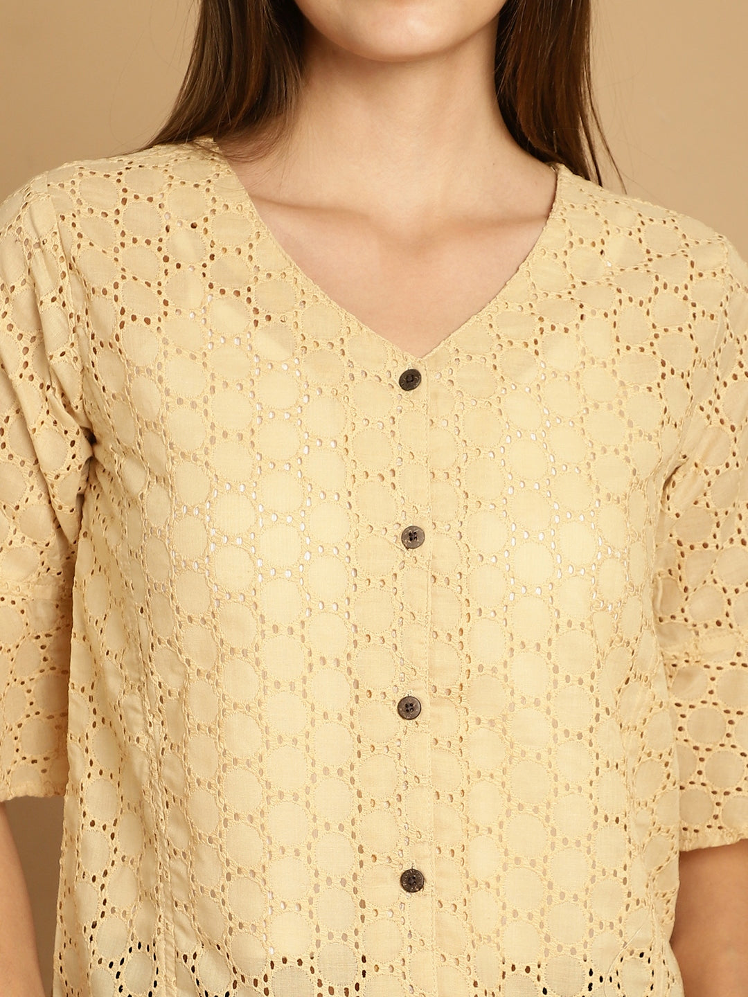 Indian Needle Women's Embroidered Cotton V-Neck Top - Beige | Swadesiicart