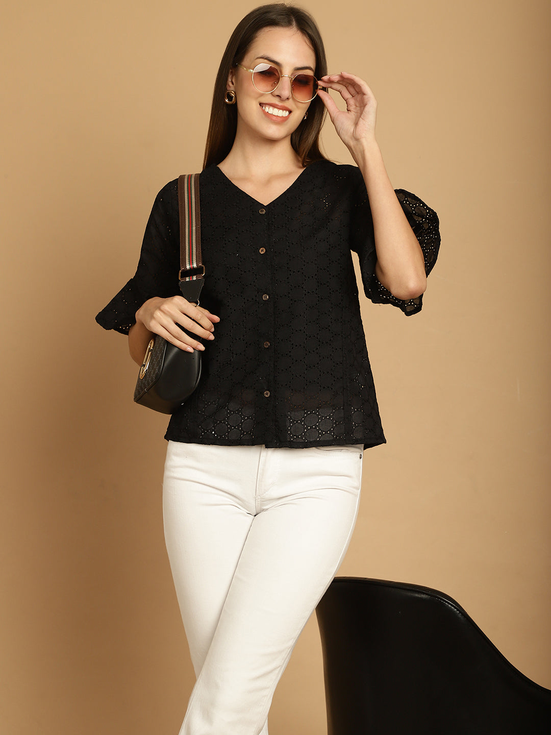 Indian Needle Women's Embroidered Cotton V-Neck Top - Black | Swadesiicart