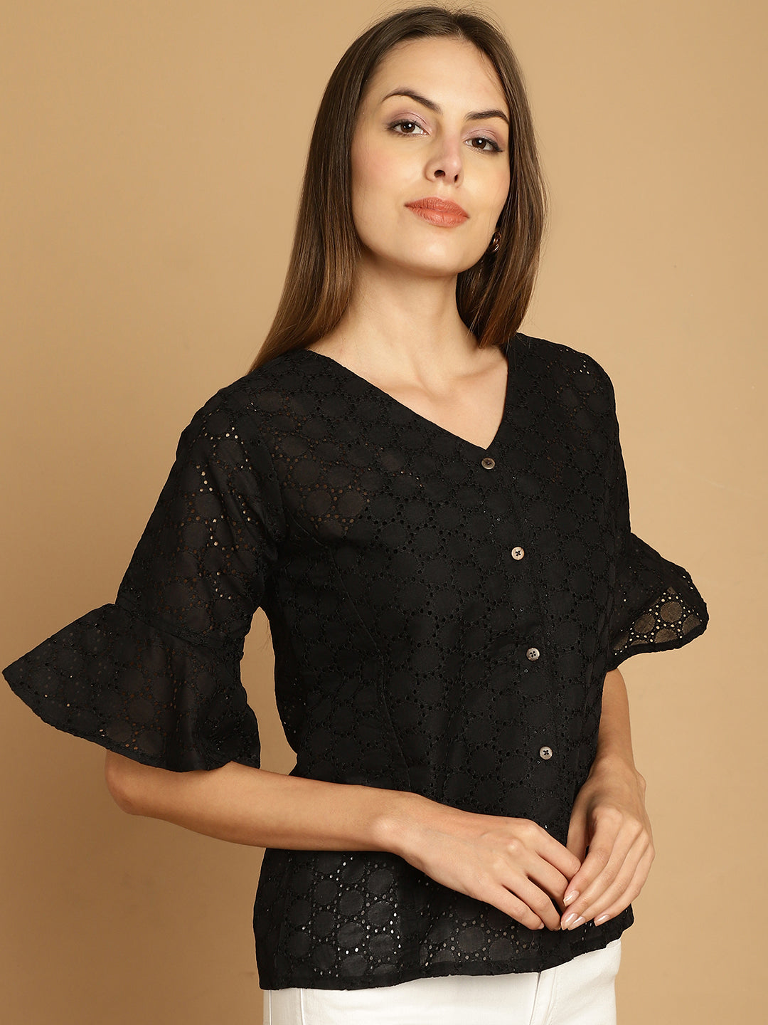 Indian Needle Women's Embroidered Cotton V-Neck Top - Black | Swadesiicart
