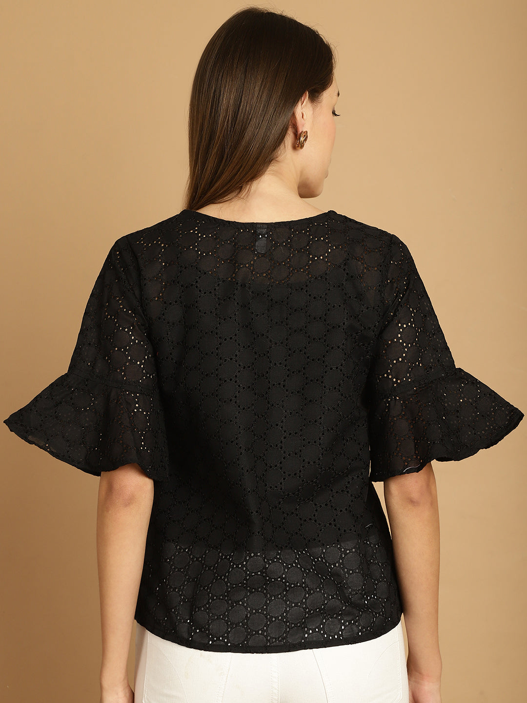 Indian Needle Women's Embroidered Cotton V-Neck Top - Black | Swadesiicart