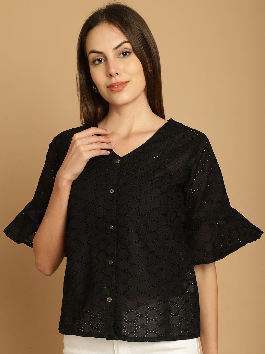 Indian Needle Women's Embroidered Cotton V-Neck Top - Black | Swadesiicart