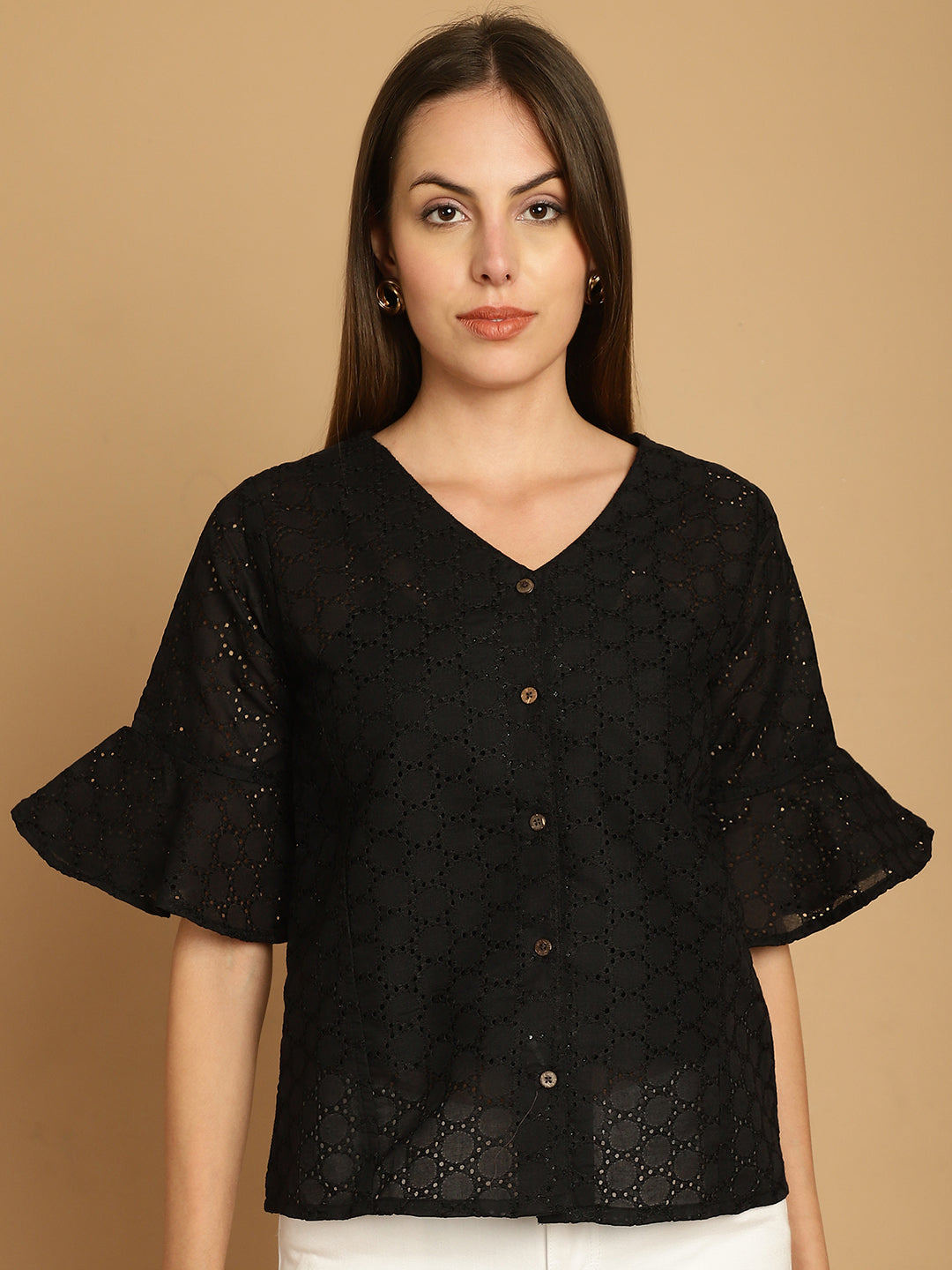 Indian Needle Women's Embroidered Cotton V-Neck Top - Black | Swadesiicart