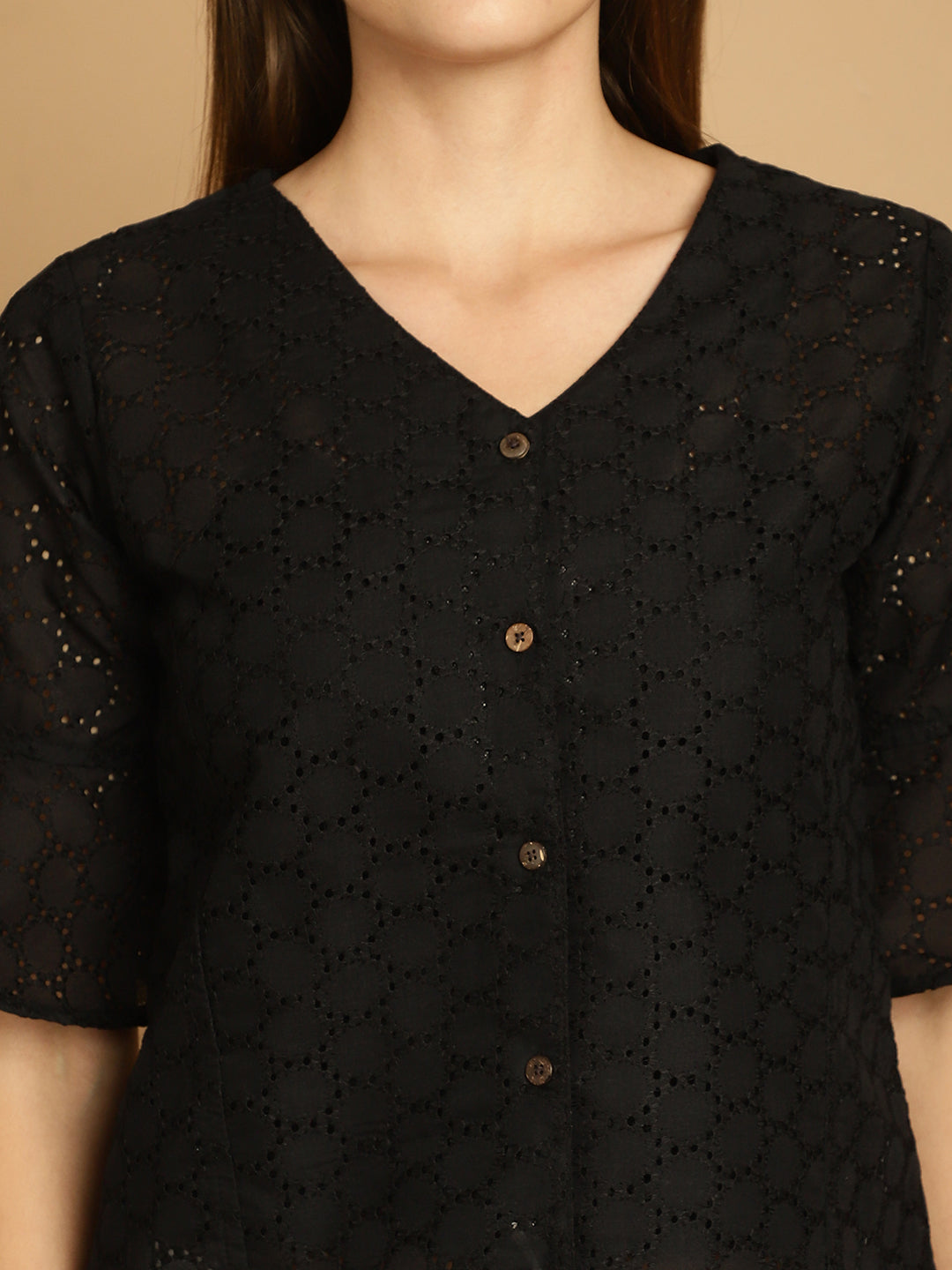 Indian Needle Women's Embroidered Cotton V-Neck Top - Black | Swadesiicart