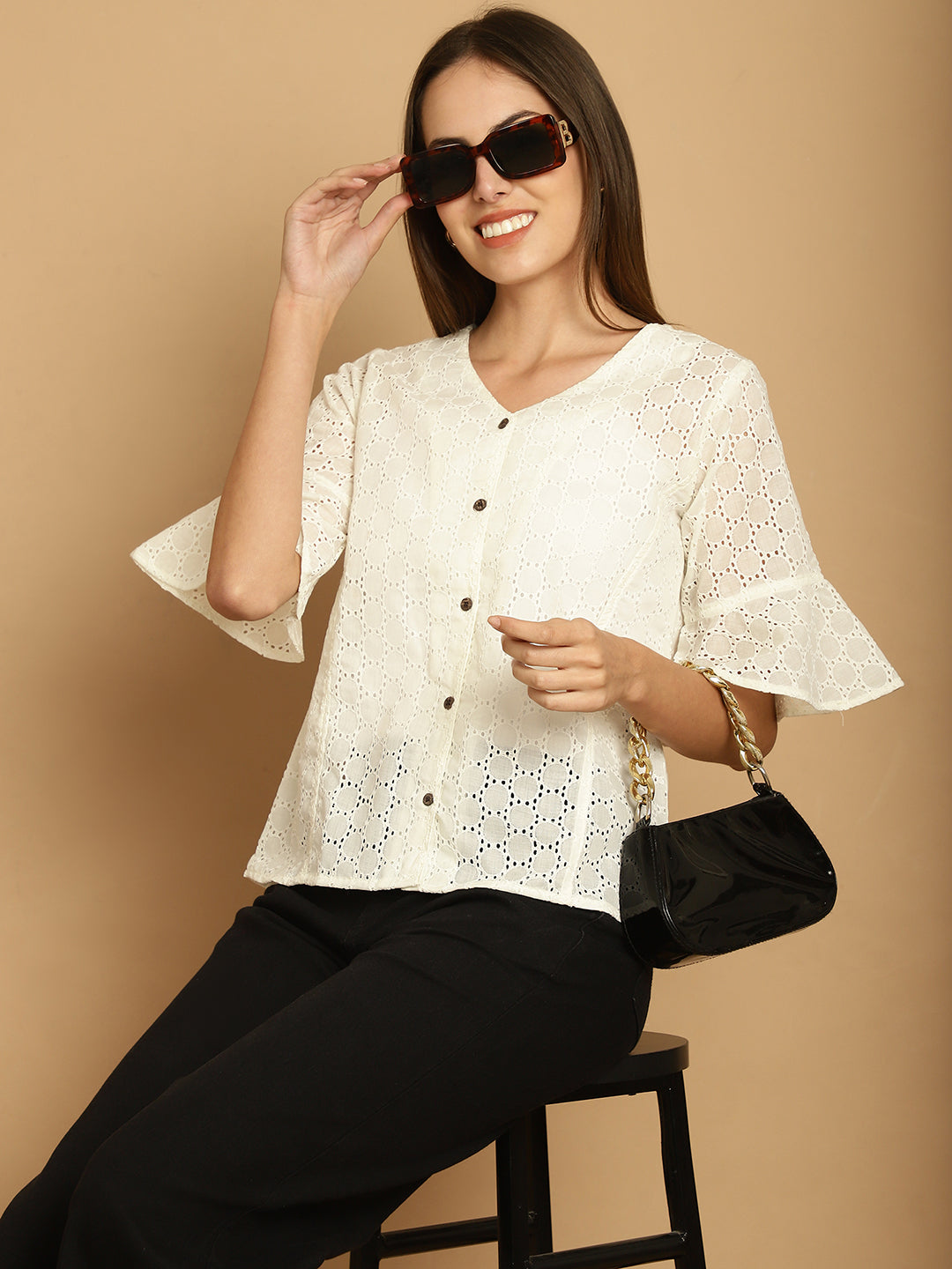 Indian Needle Women's Embroidered Cotton V-Neck Top - White | Swadesiicart