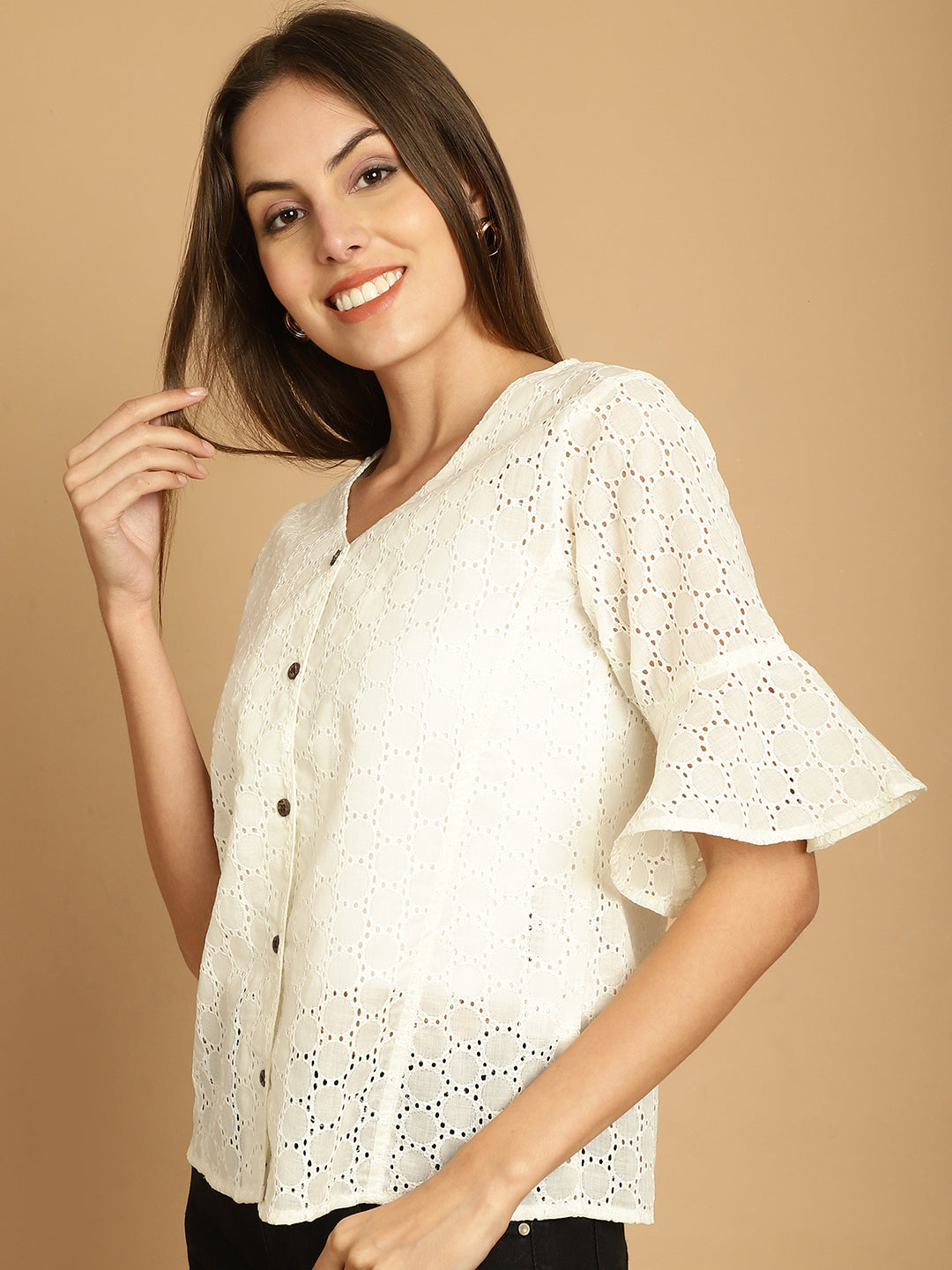 Indian Needle Women's Embroidered Cotton V-Neck Top - White | Swadesiicart