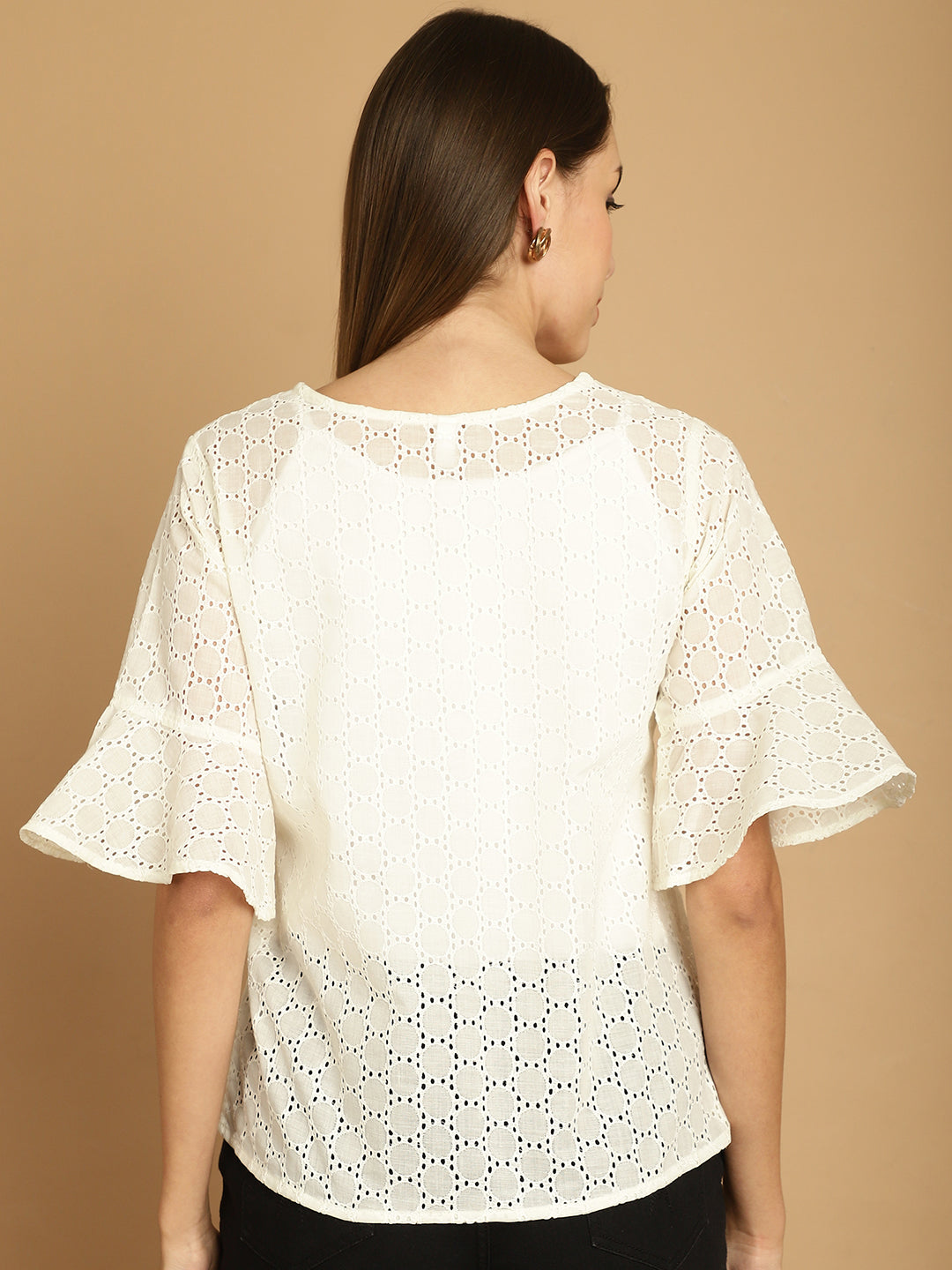 Indian Needle Women's Embroidered Cotton V-Neck Top - White | Swadesiicart