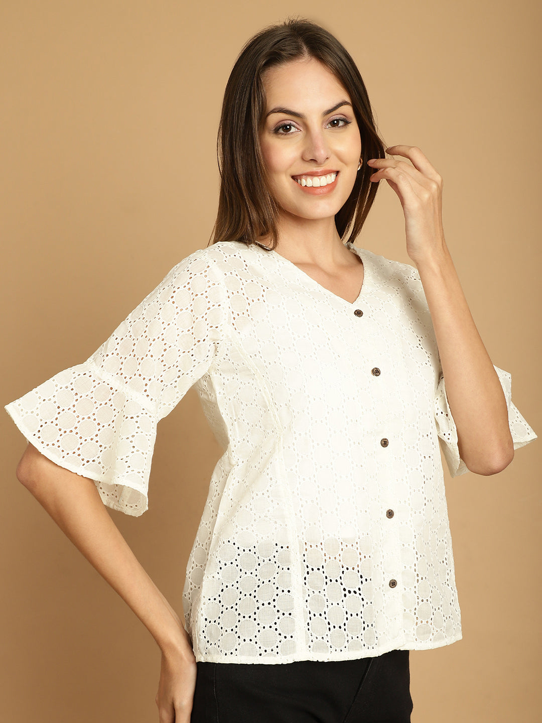 Indian Needle Women's Embroidered Cotton V-Neck Top - White | Swadesiicart