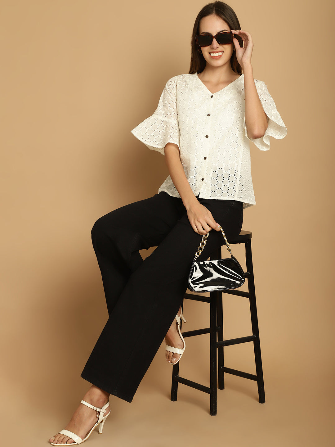 Indian Needle Women's Embroidered Cotton V-Neck Top - White | Swadesiicart