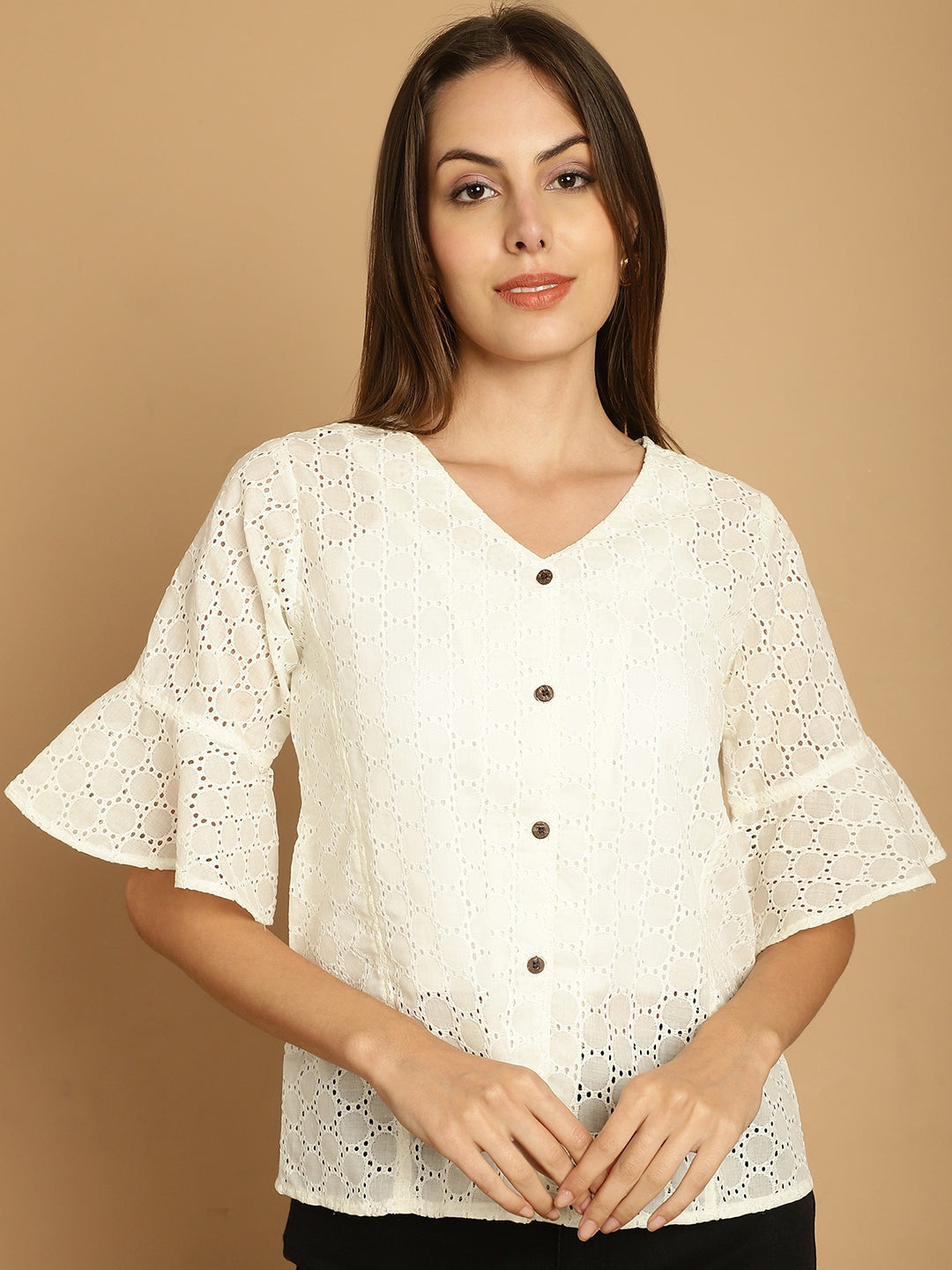 Indian Needle Women's Embroidered Cotton V-Neck Top - White | Swadesiicart