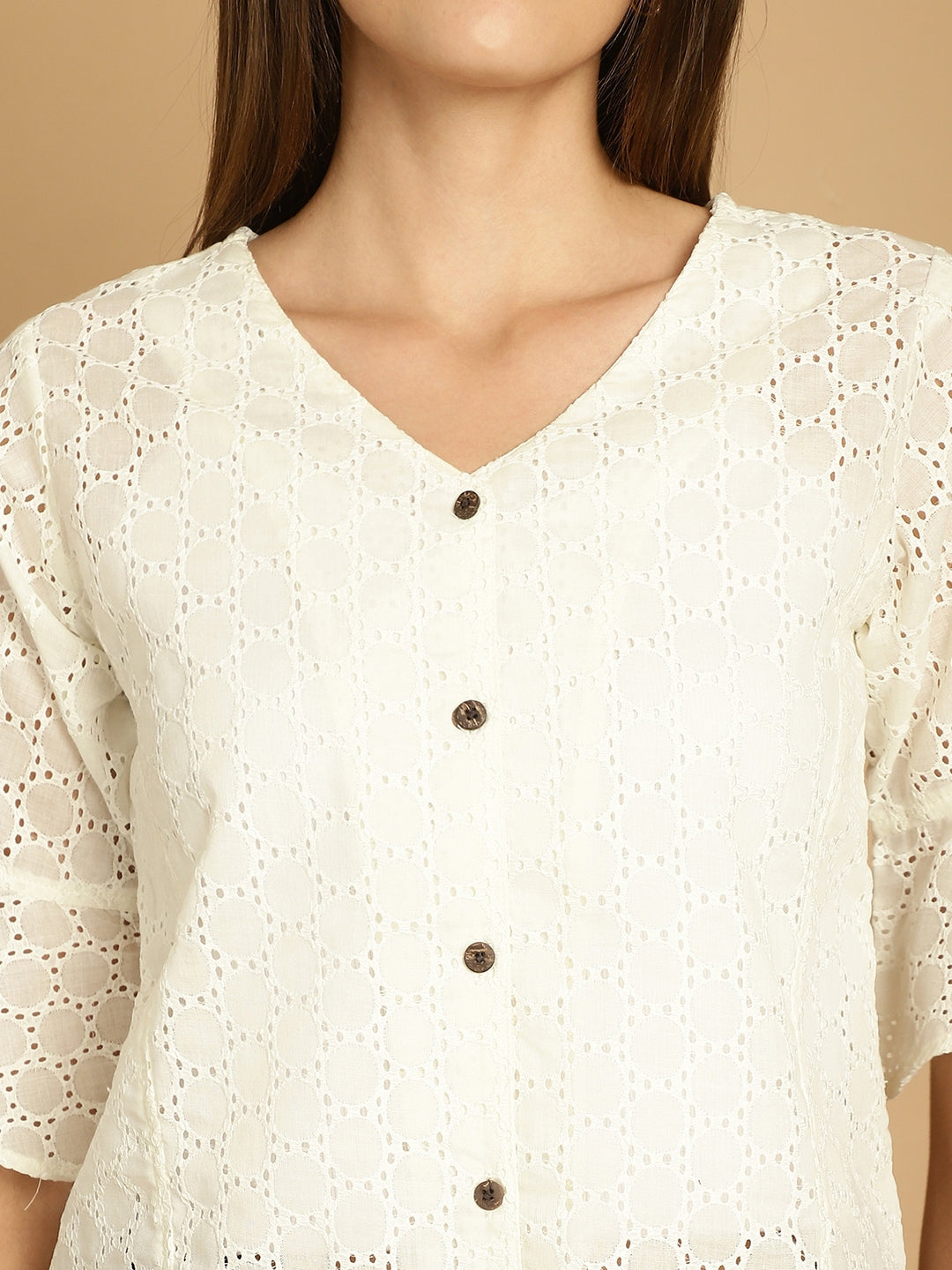 Indian Needle Women's Embroidered Cotton V-Neck Top - White | Swadesiicart