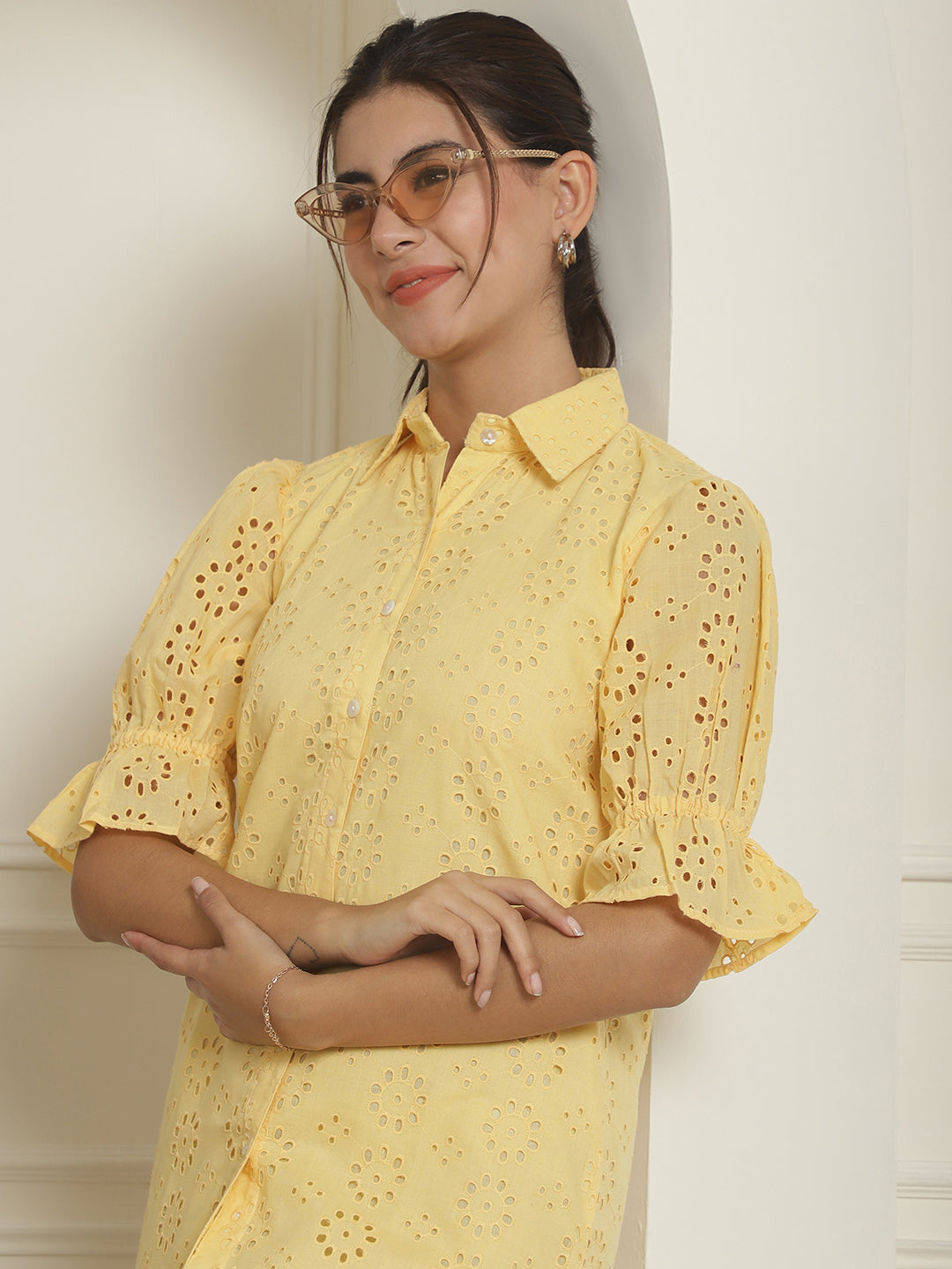 Indian Needle Women's Embroidered Cotton Dress - Yellow | Swadesiicart
