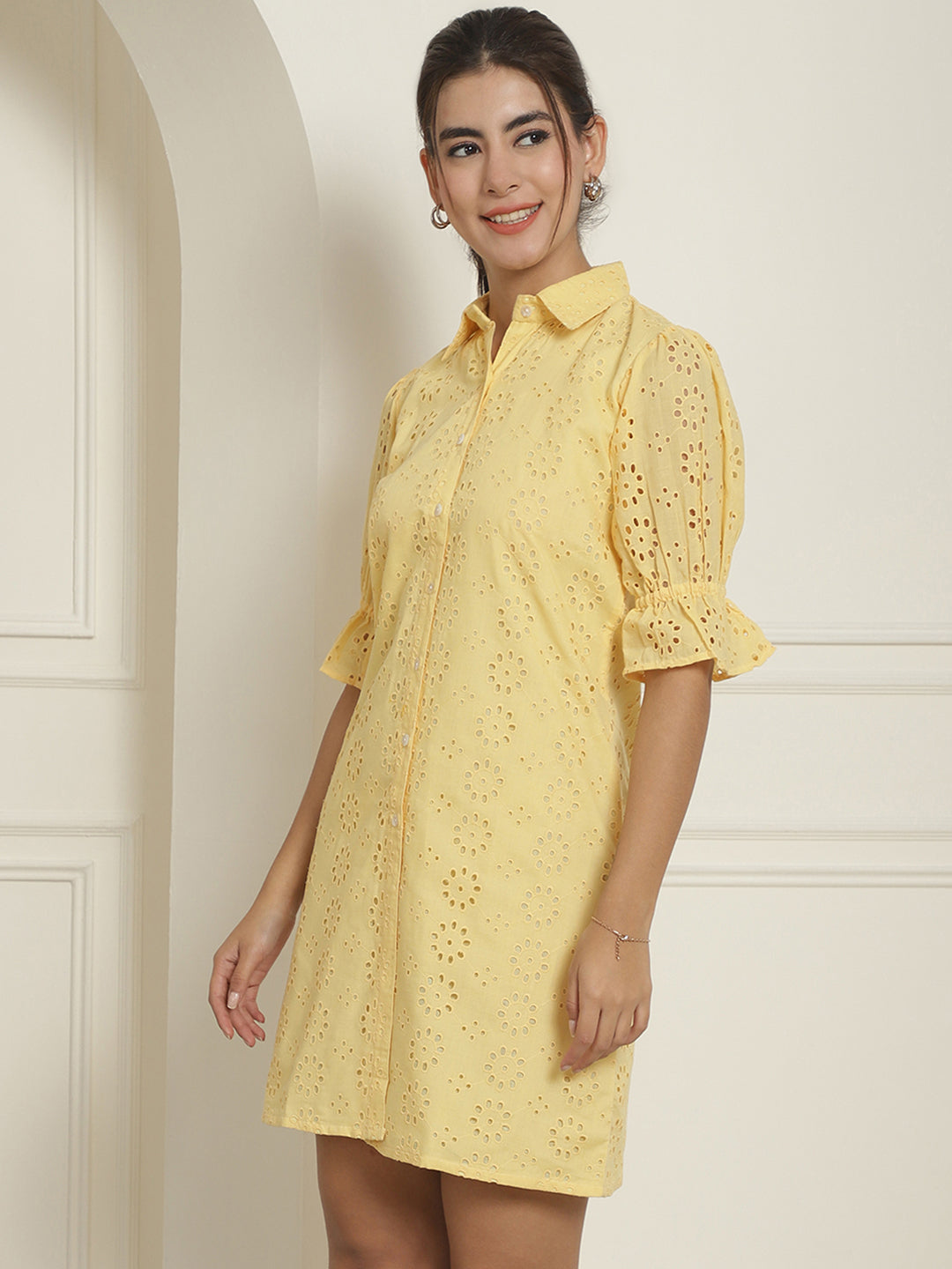 Indian Needle Women's Embroidered Cotton Dress - Yellow | Swadesiicart