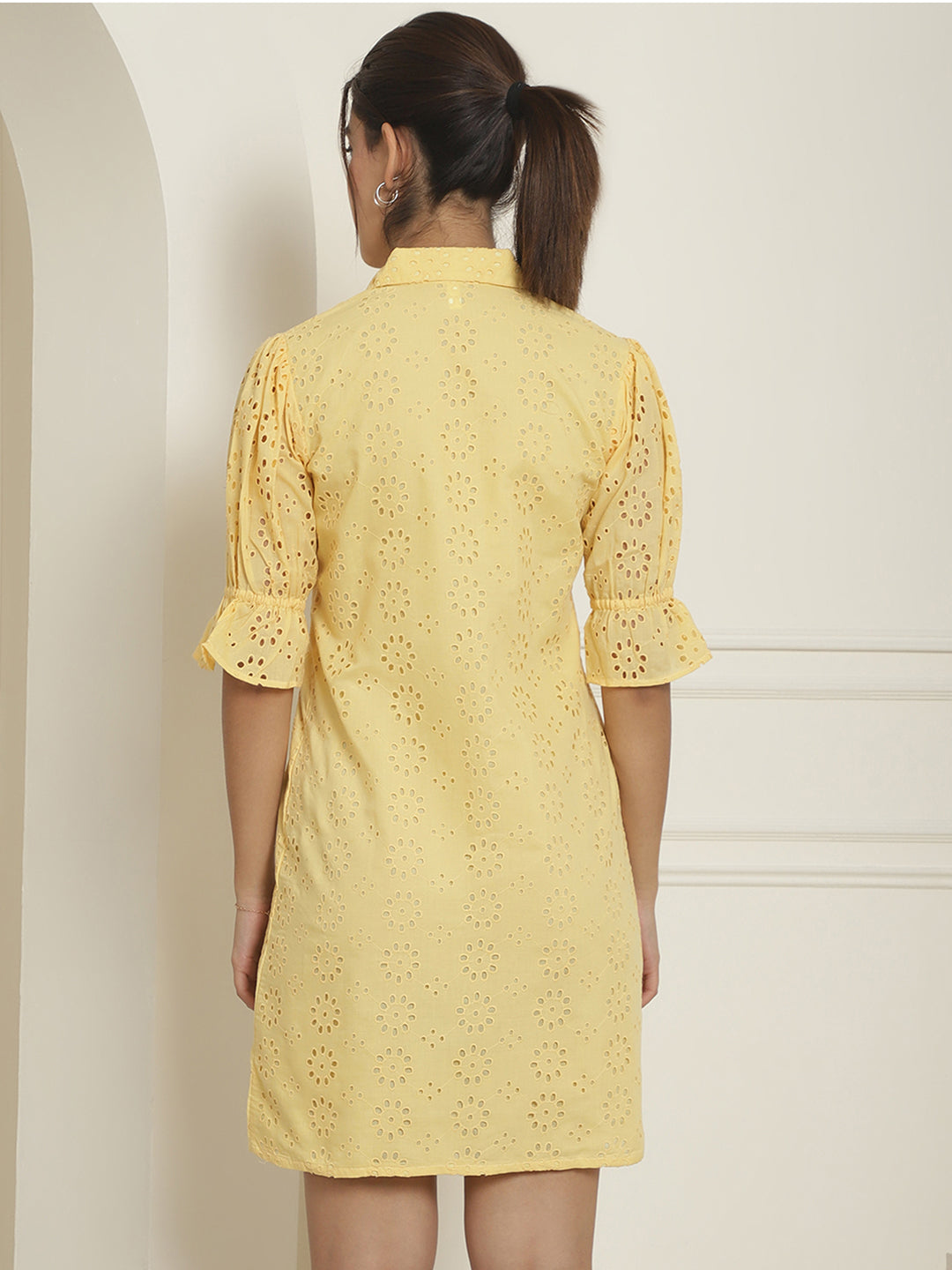 Indian Needle Women's Embroidered Cotton Dress - Yellow | Swadesiicart