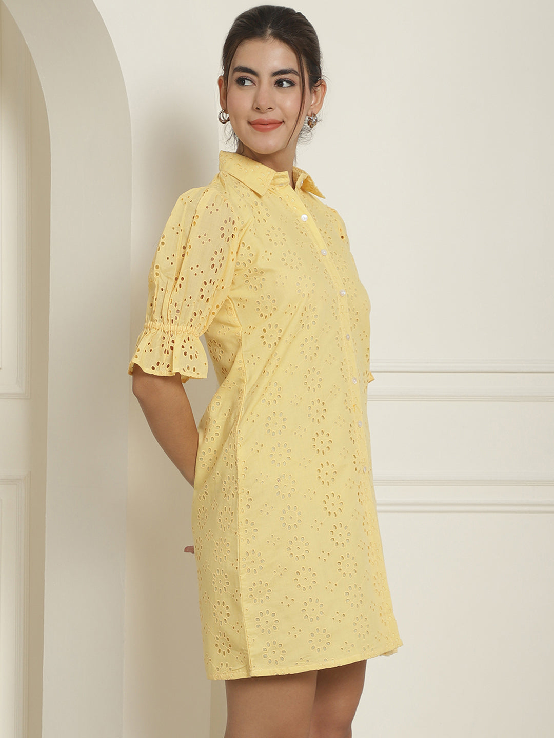 Indian Needle Women's Embroidered Cotton Dress - Yellow | Swadesiicart