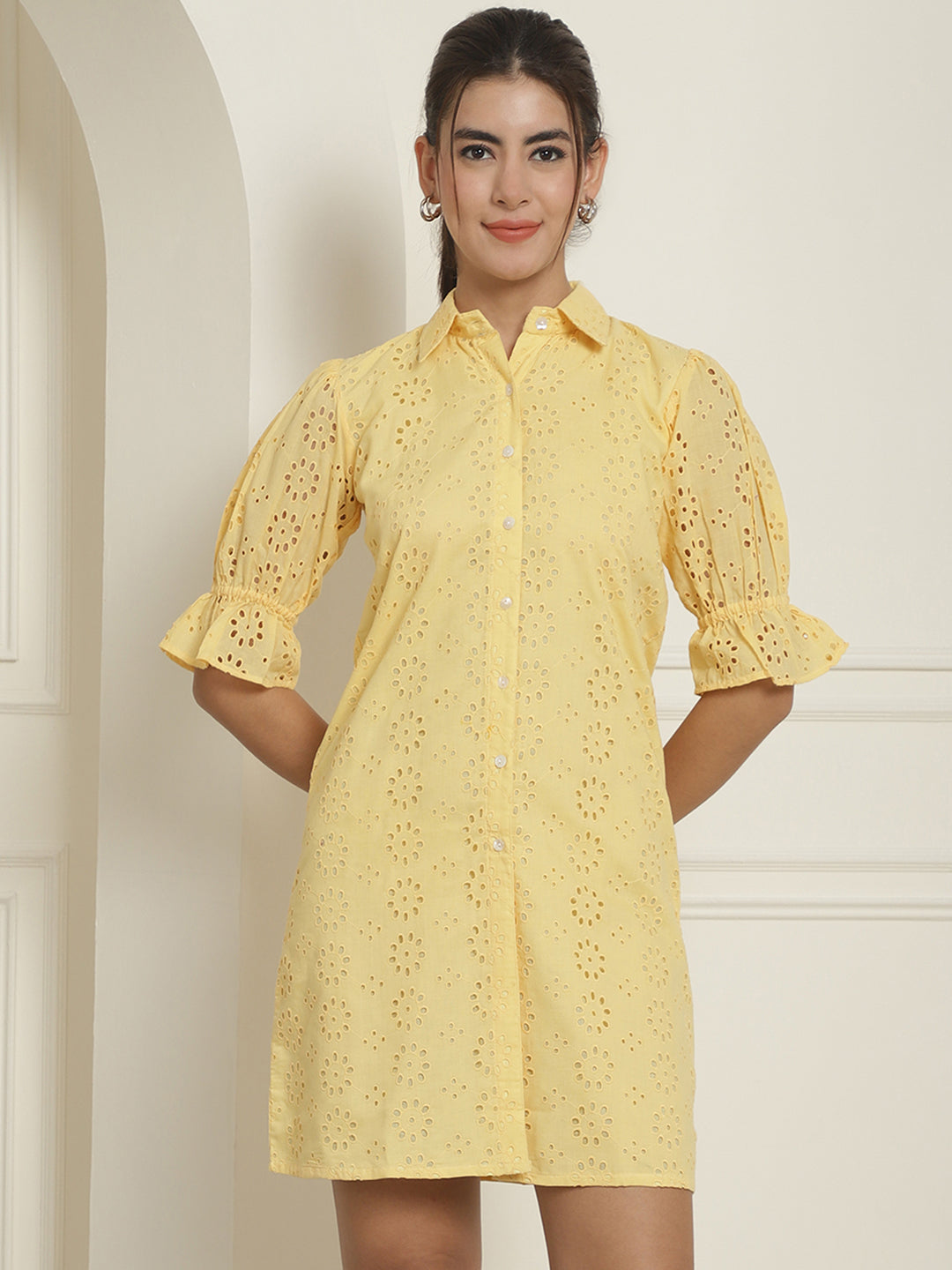 Indian Needle Women's Embroidered Cotton Dress - Yellow | Swadesiicart