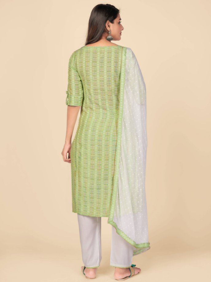 NOZ2TOZ Women's Printed & Hand Work Straight Cotton Parrot Green Kurta Pant With Dupatta (3Pcs Set) - Swadesiicart