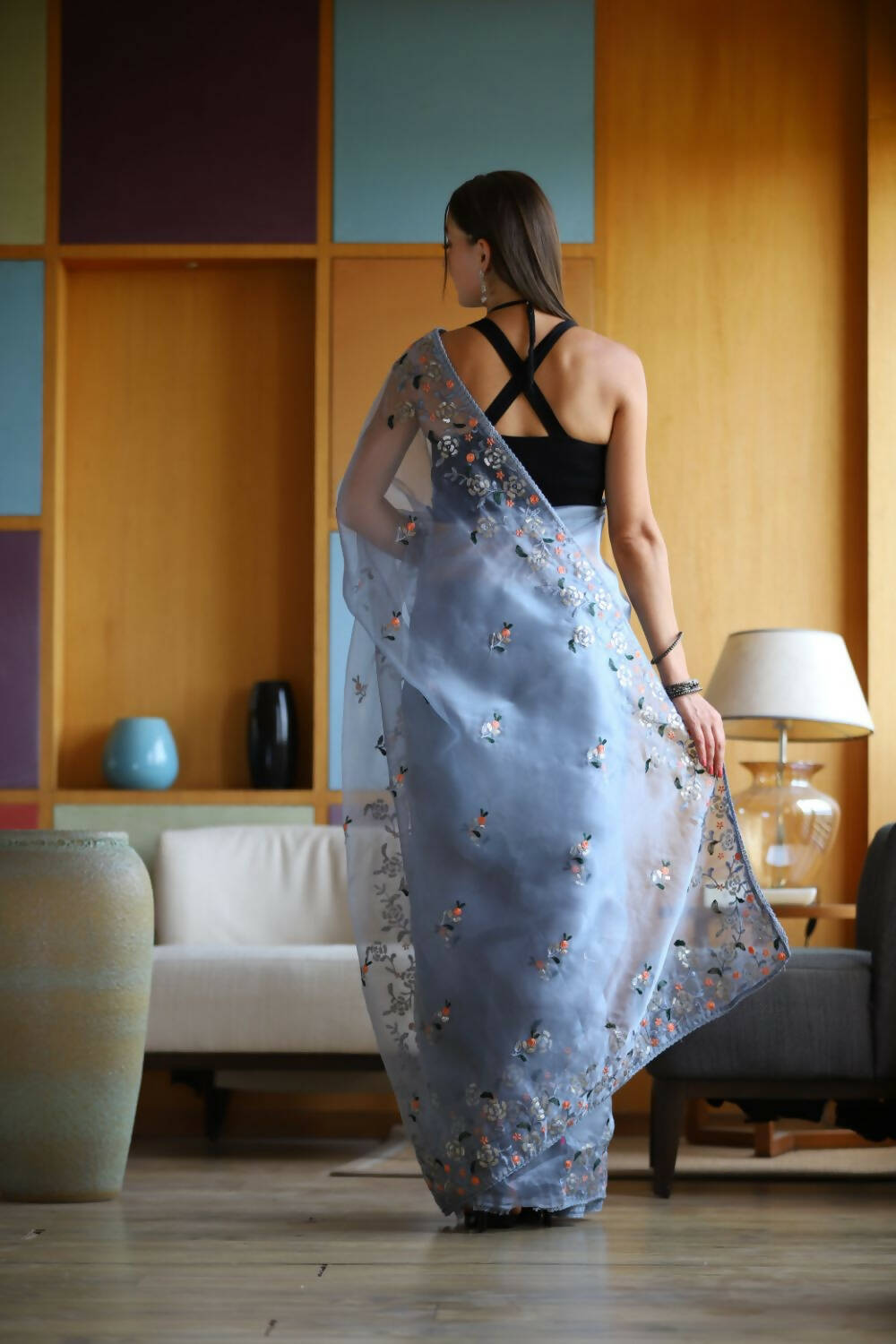 Vamsee Blue Organza Saree - Swadesiicart