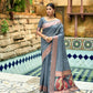Vishnu Weaves Women's Grey Cotton Silk Zari Woven Butta Work Saree with Blouse - Swadesiicart