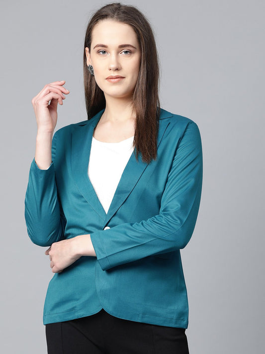 Jompers Women Teal Blue Solid Single-Breasted Smart Casual Blazer | Swadesiicart