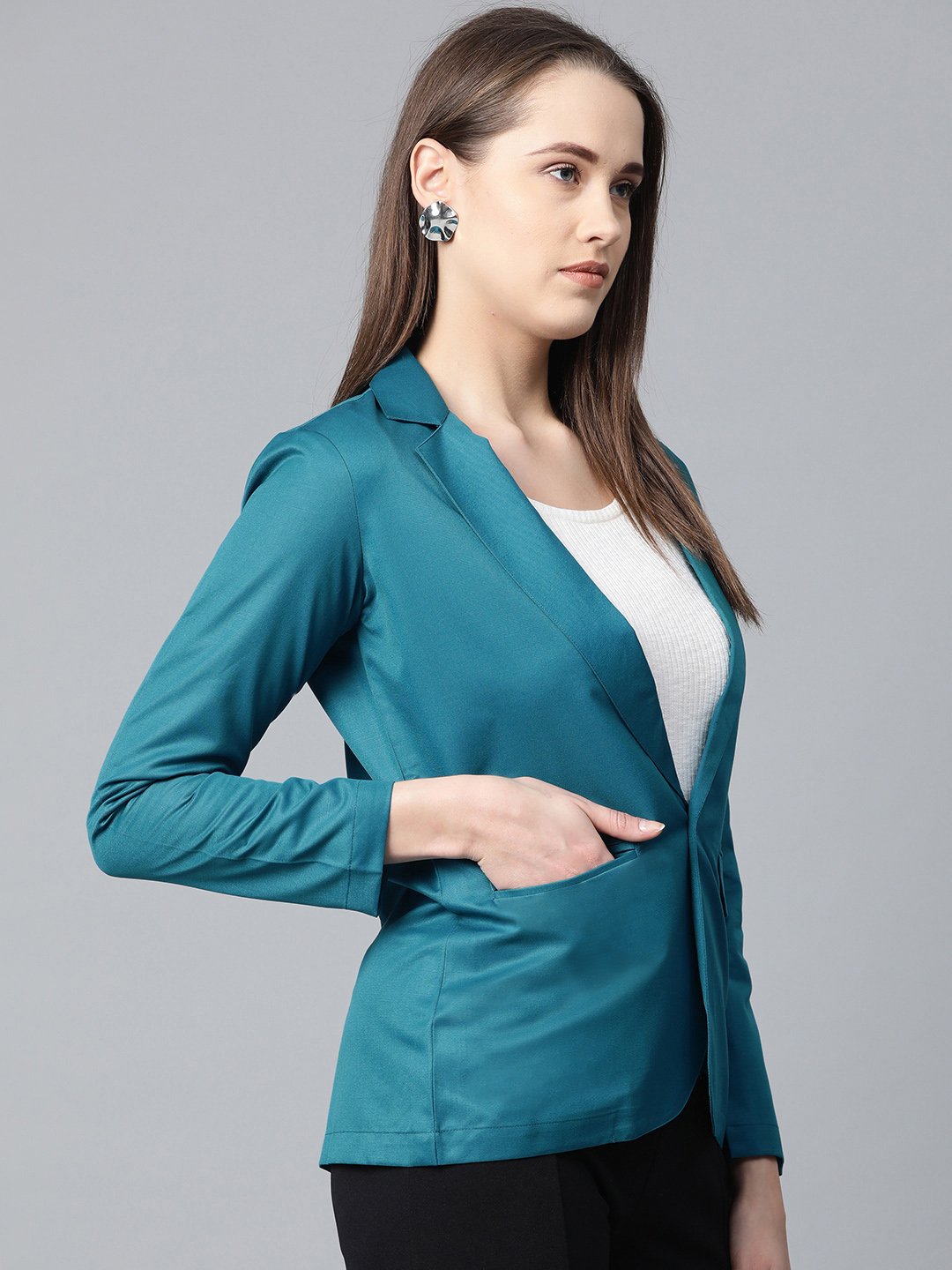 Jompers Women Teal Blue Solid Single-Breasted Smart Casual Blazer | Swadesiicart
