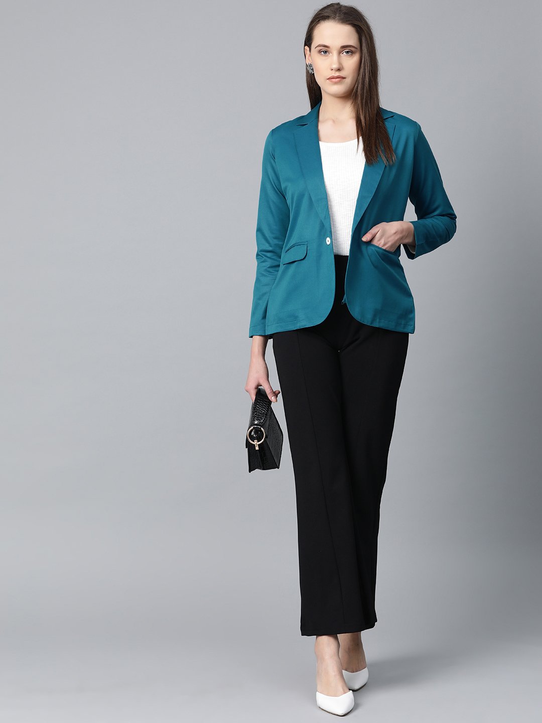 Jompers Women Teal Blue Solid Single-Breasted Smart Casual Blazer | Swadesiicart
