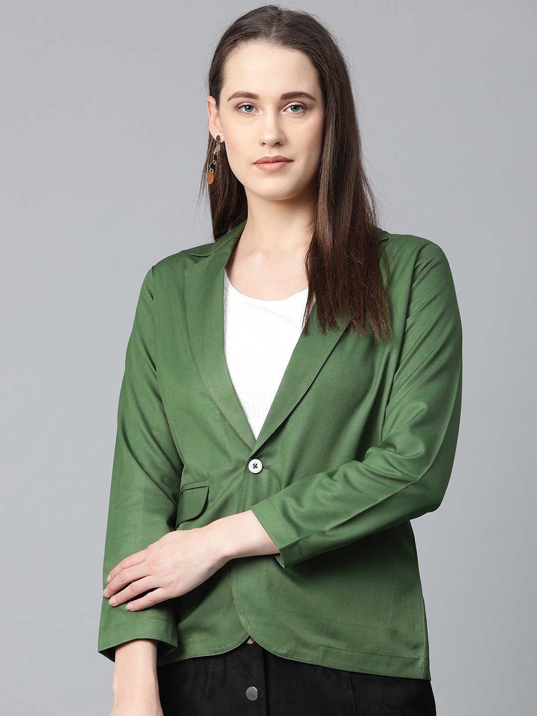 Jompers Women Olive-Green Solid Single-Breasted Smart Casual Blazer | Swadesiicart
