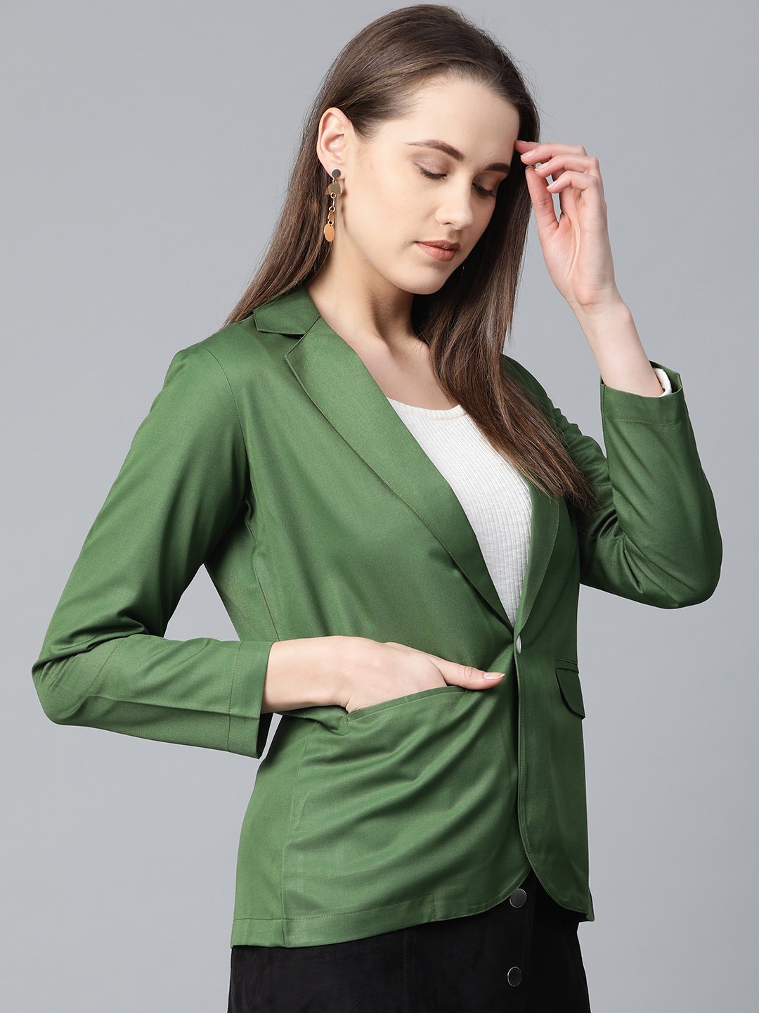Jompers Women Olive-Green Solid Single-Breasted Smart Casual Blazer | Swadesiicart