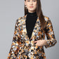 Jompers Women Mustard Yellow & Grey Satin Finish Printed Single-Breasted Blazer | Swadesiicart