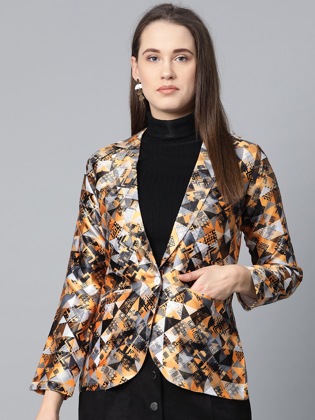 Jompers Women Mustard Yellow & Grey Satin Finish Printed Single-Breasted Blazer | Swadesiicart