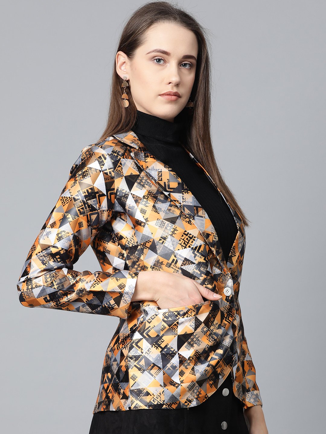 Jompers Women Mustard Yellow & Grey Satin Finish Printed Single-Breasted Blazer | Swadesiicart