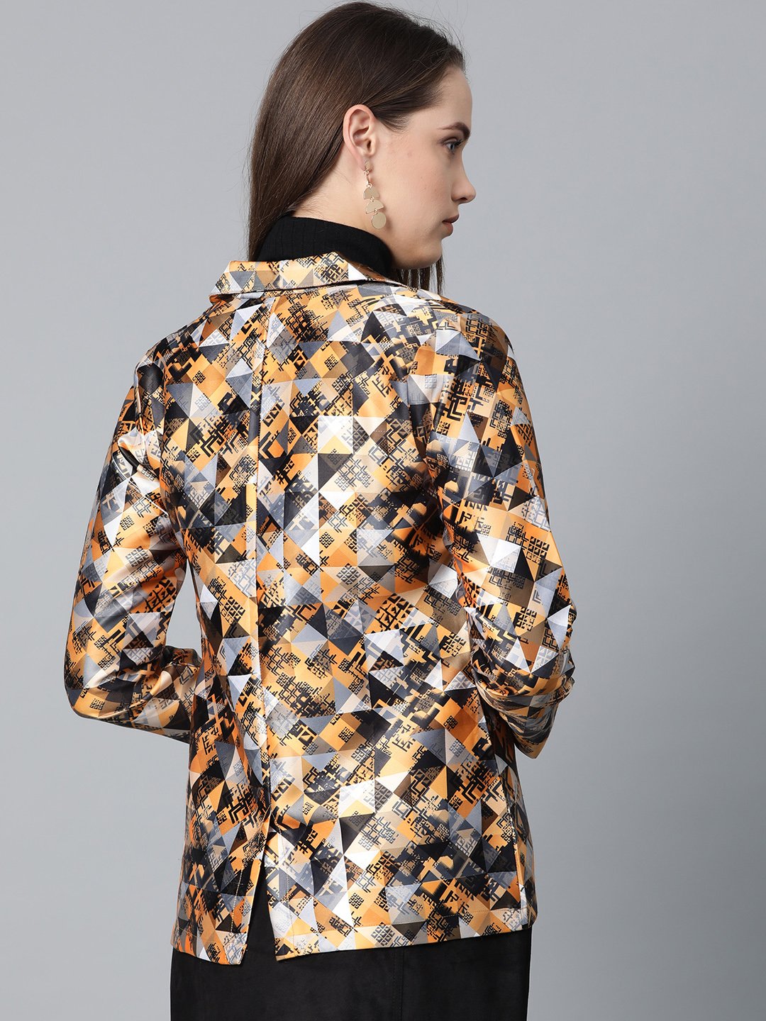 Jompers Women Mustard Yellow & Grey Satin Finish Printed Single-Breasted Blazer | Swadesiicart