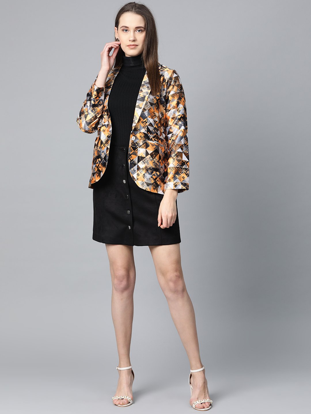 Jompers Women Mustard Yellow & Grey Satin Finish Printed Single-Breasted Blazer | Swadesiicart