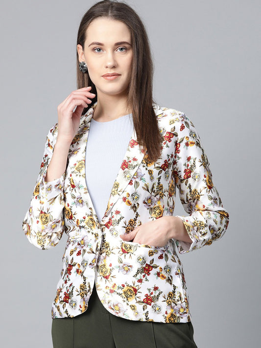 Jompers Women White & Yellow Satin Finish Floral Print Single-Breasted Blazer | Swadesiicart