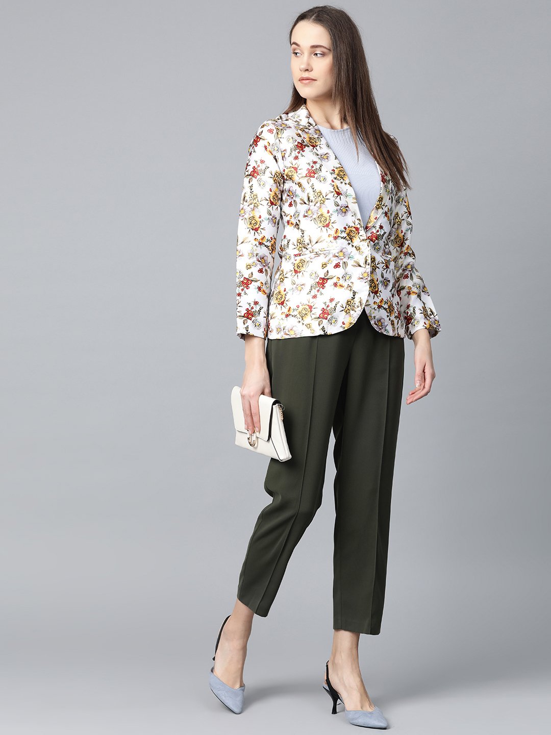 Jompers Women White & Yellow Satin Finish Floral Print Single-Breasted Blazer | Swadesiicart
