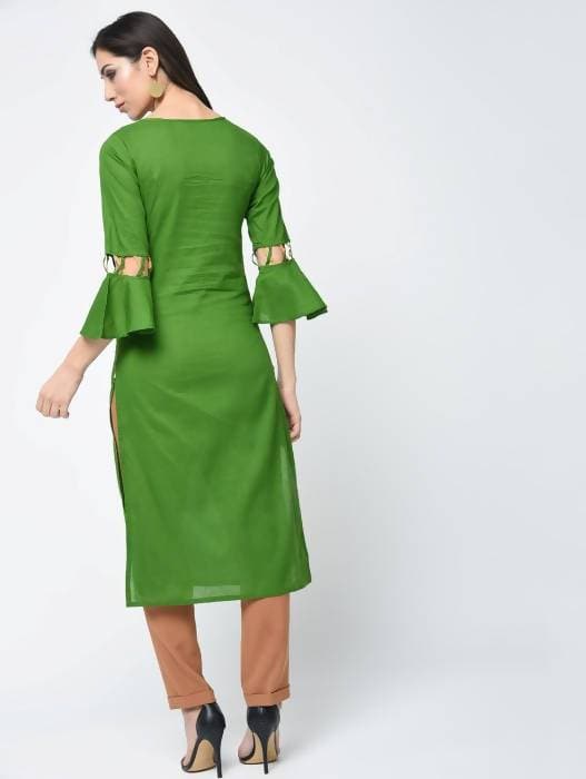 Aniyah Cotton Criss Cross Bell Sleeves Straight Kurta In Green (AN-101A) - Swadesiicart
