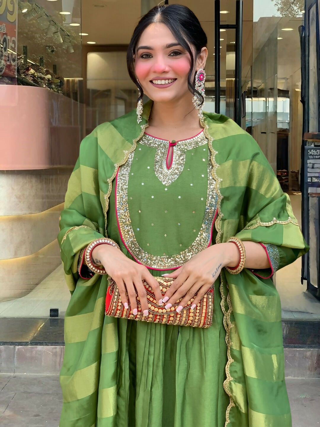 The52 Light Green Women's Gorgeous Embroidered Work Chanderi Fabric Flared Kurta Pant and Dupatta Set - Swadesiicart
