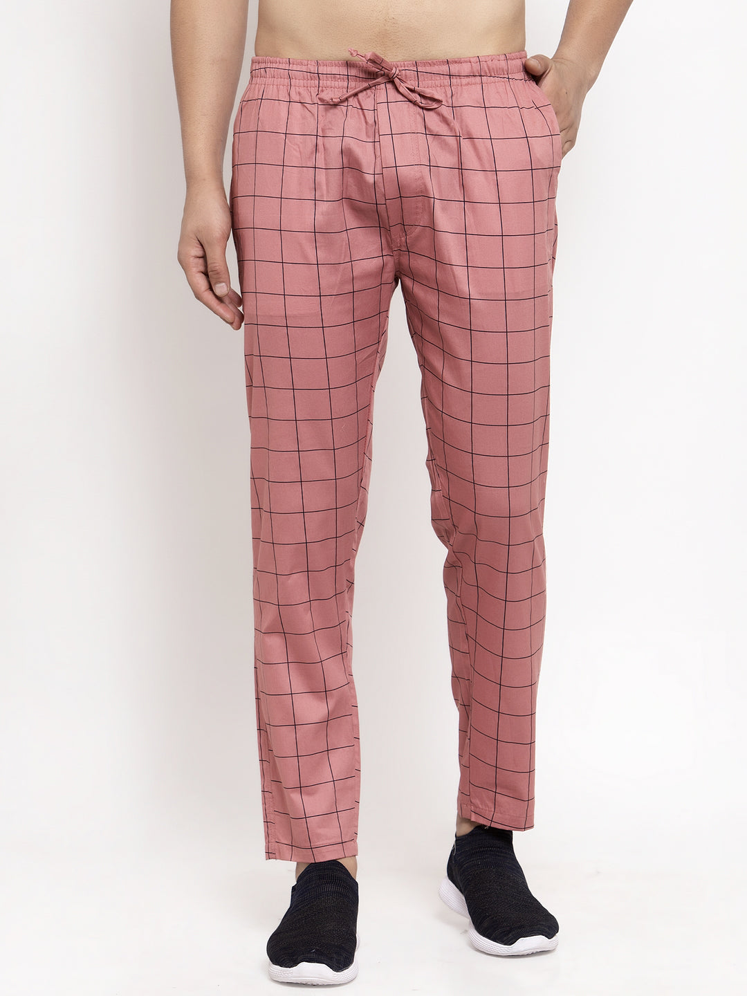 Jainish Men's Peach Checked Cotton Track Pants ( JOG 012Peach ) - Swadesiicart