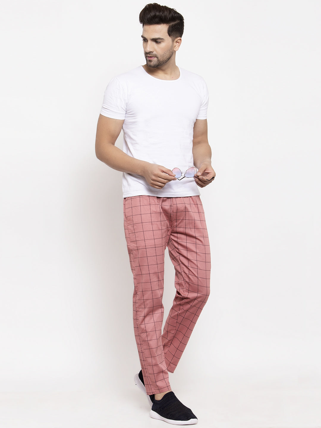 Jainish Men's Peach Checked Cotton Track Pants ( JOG 012Peach ) - Swadesiicart