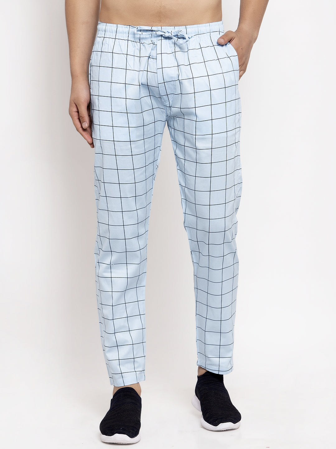 Jainish Men's Blue Checked Cotton Track Pants ( JOG 012Sky ) - Swadesiicart