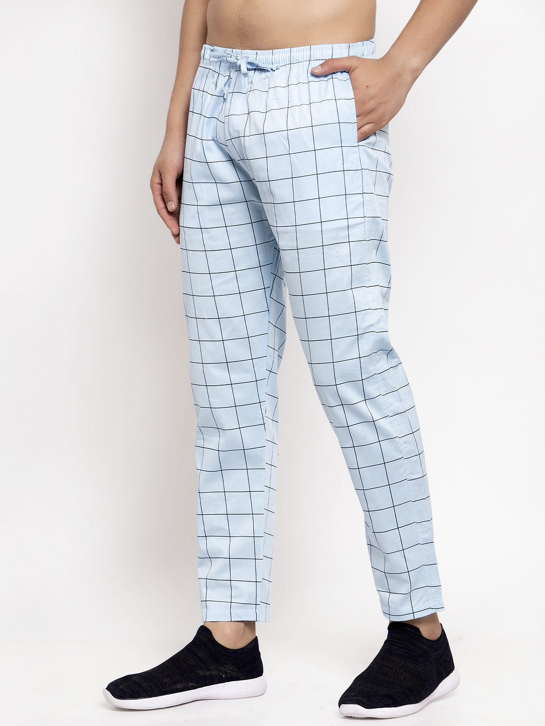 Jainish Men's Blue Checked Cotton Track Pants ( JOG 012Sky ) - Swadesiicart