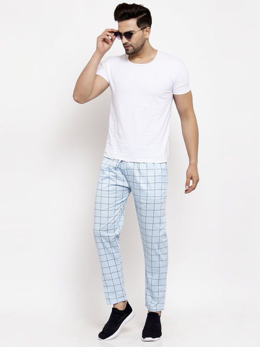 Jainish Men's Blue Checked Cotton Track Pants ( JOG 012Sky ) - Swadesiicart