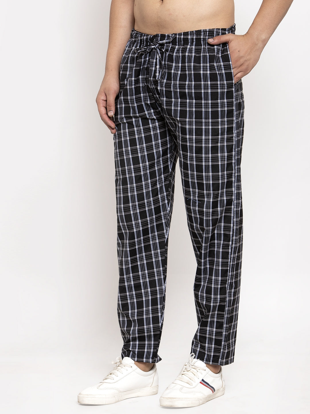 Jainish Men's Black Checked Cotton Track Pants ( JOG 013Black ) - Swadesiicart