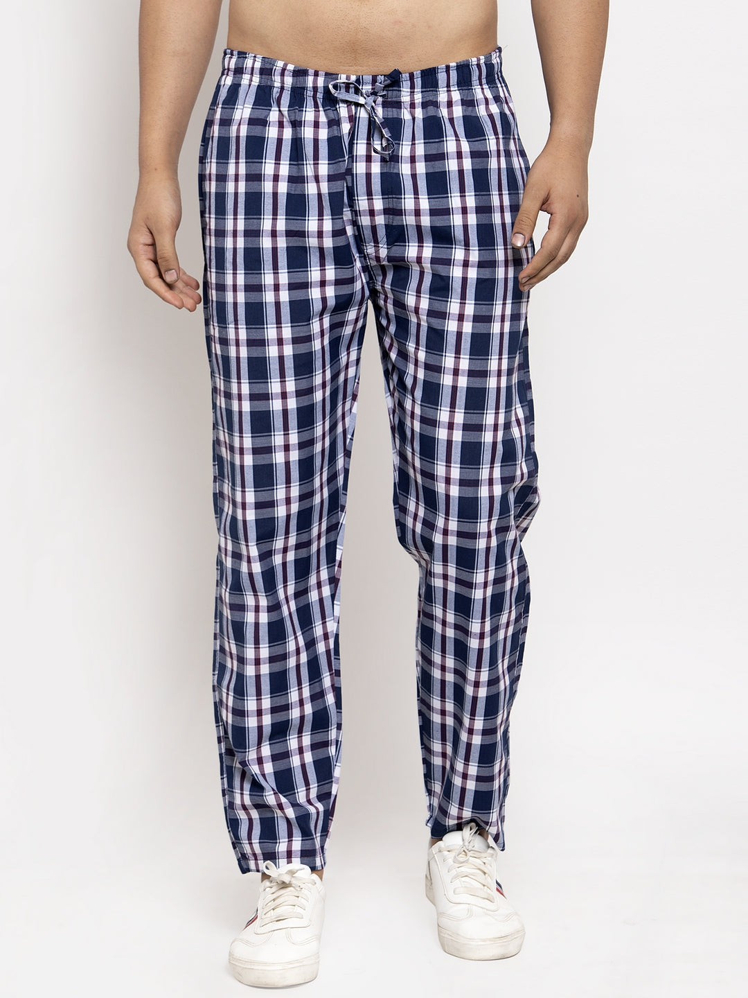 Jainish Men's Navy Blue Checked Cotton Track Pants ( JOG 013Navy-Blue ) - Swadesiicart