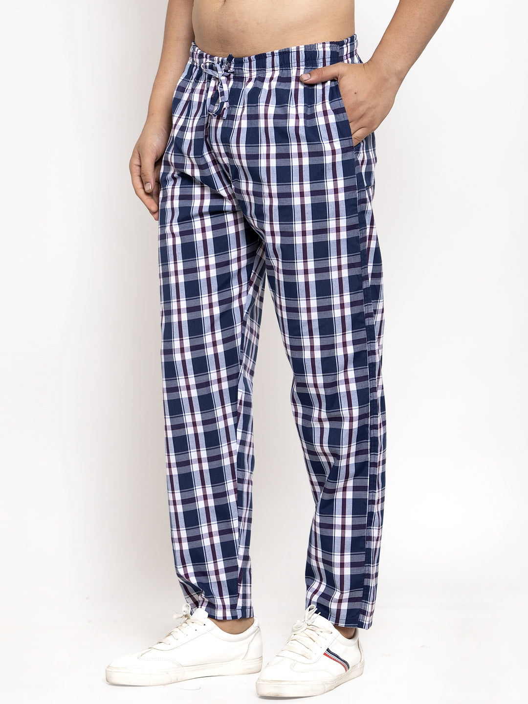 Jainish Men's Navy Blue Checked Cotton Track Pants ( JOG 013Navy-Blue ) - Swadesiicart